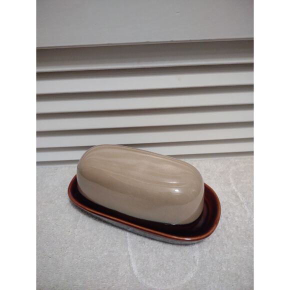 Sango Nova Brown dual tone tan stoneware covered butter dish plate with top - Picture 1 of 4